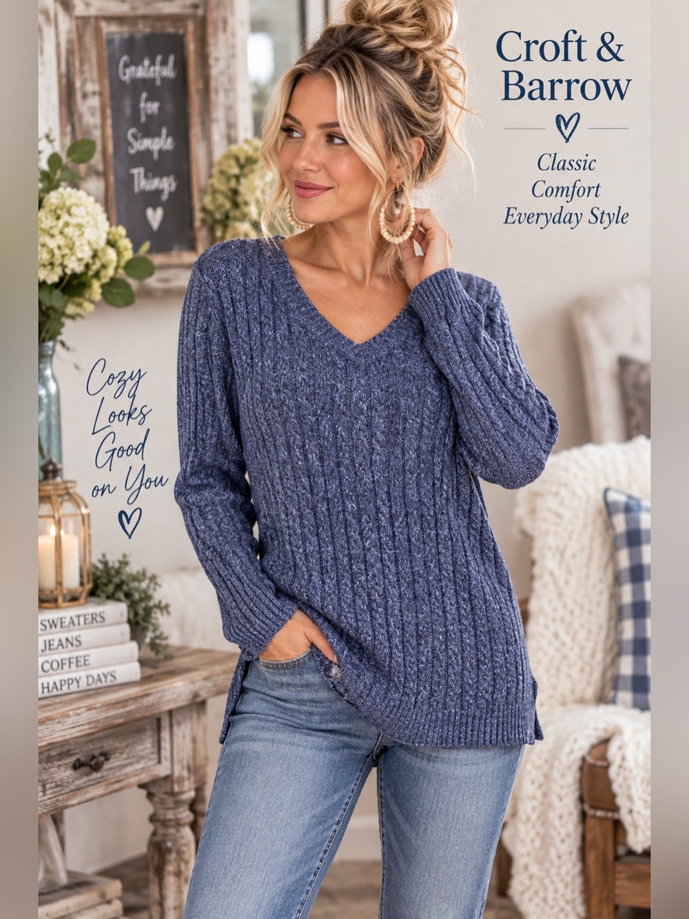 Croft & Barrow 100% Cotton Blue Cable Knit V Neck Sweater Size M